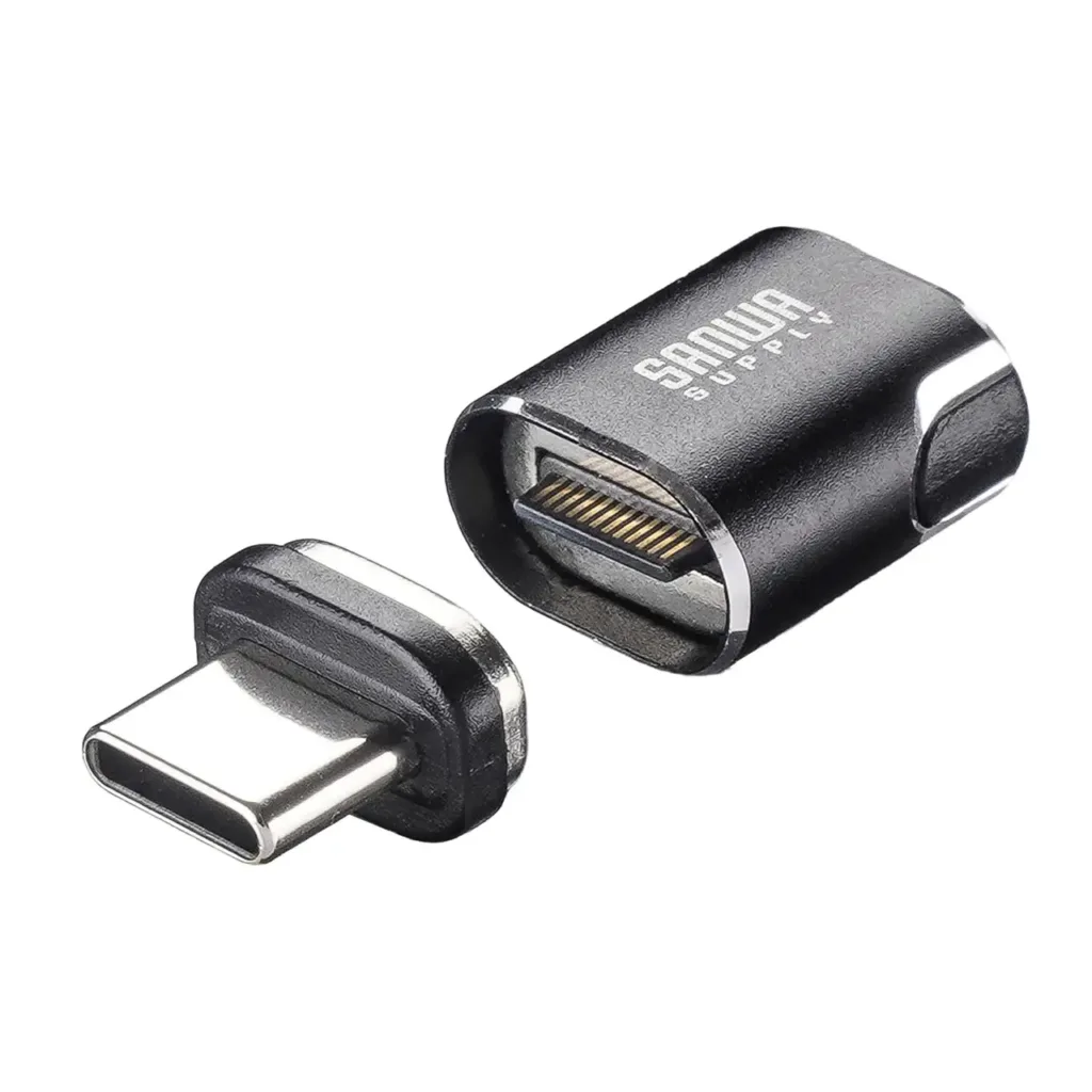 サンワ500-USB110BKの分離したUSB-Cコネクターと磁気アダプター