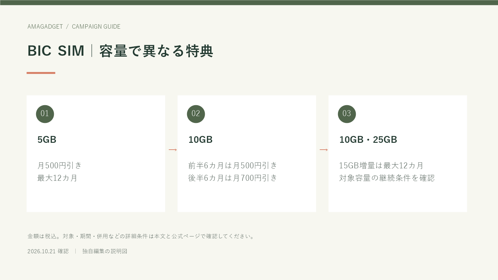 BIC SIM｜容量で異なる特典。5GB：月500円引き、最大12カ月。10GB：前半6カ月は月500円引き、後半6カ月は月700円引き。10GB・25GB：15GB増量は最大12カ月、対象容量の継続条件を確認