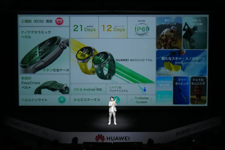 HUAWEI WATCH GT 7 Proの製品画像と仕様が投影された公式発表会