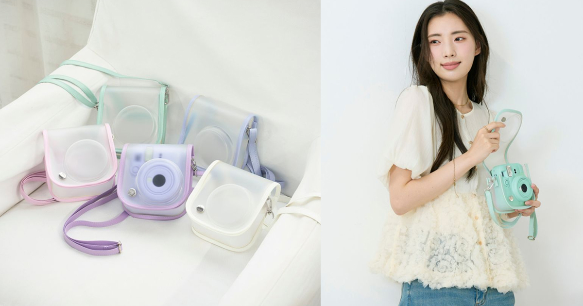 エレコムのinstax mini 13/12用半透明カメラケース5色と撮影時の公式使用イメージ
