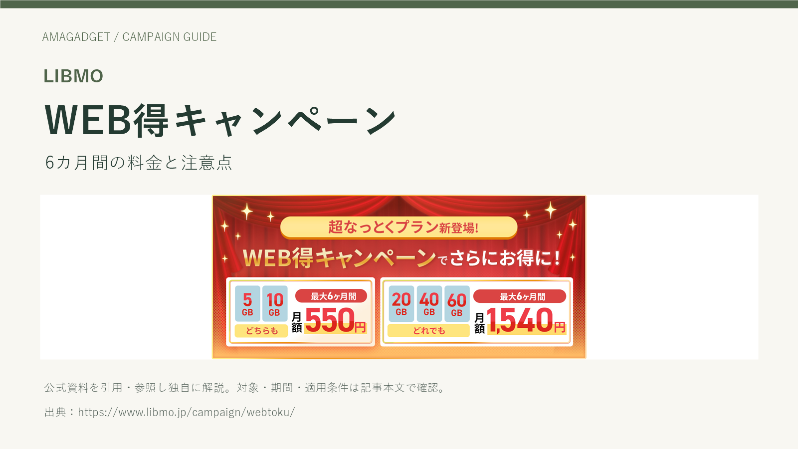 LIBMO。WEB得キャンペーン。6カ月間の料金と注意点