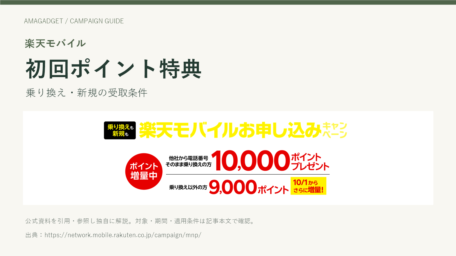 楽天モバイル。初回ポイント特典。乗り換え・新規の受取条件