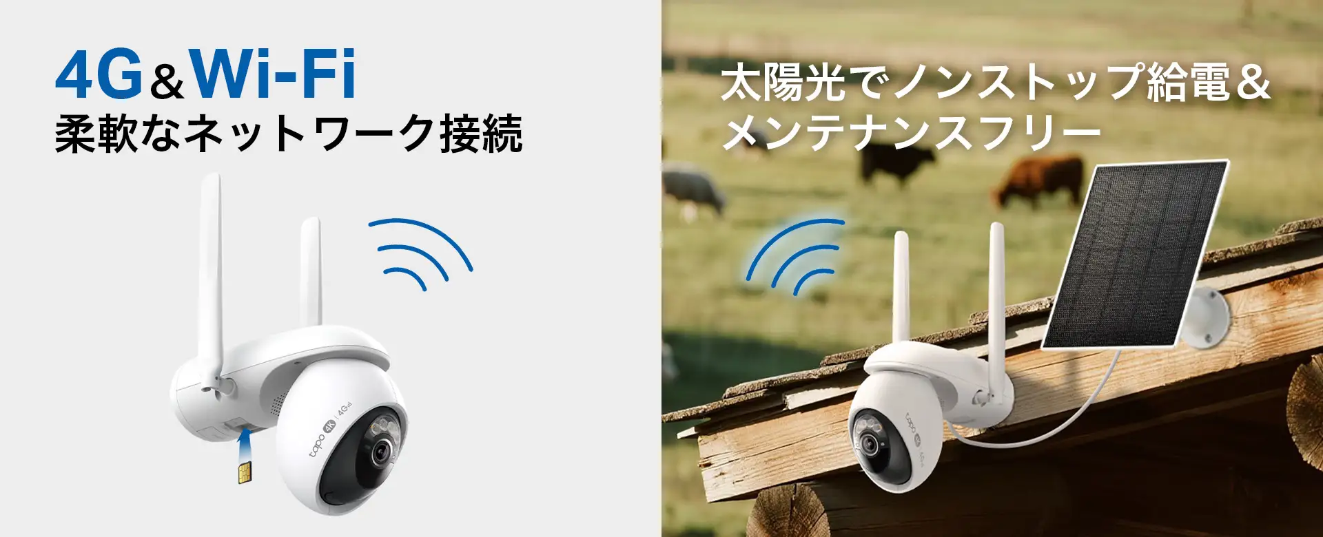 Tapo C665G KITの4G・Wi-Fi接続とソーラーパネルの公式説明画像