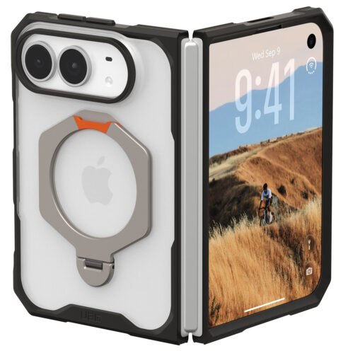 iPhone Duo用UAG MOUVE XTEアイスの背面スタンドと装着イメージ